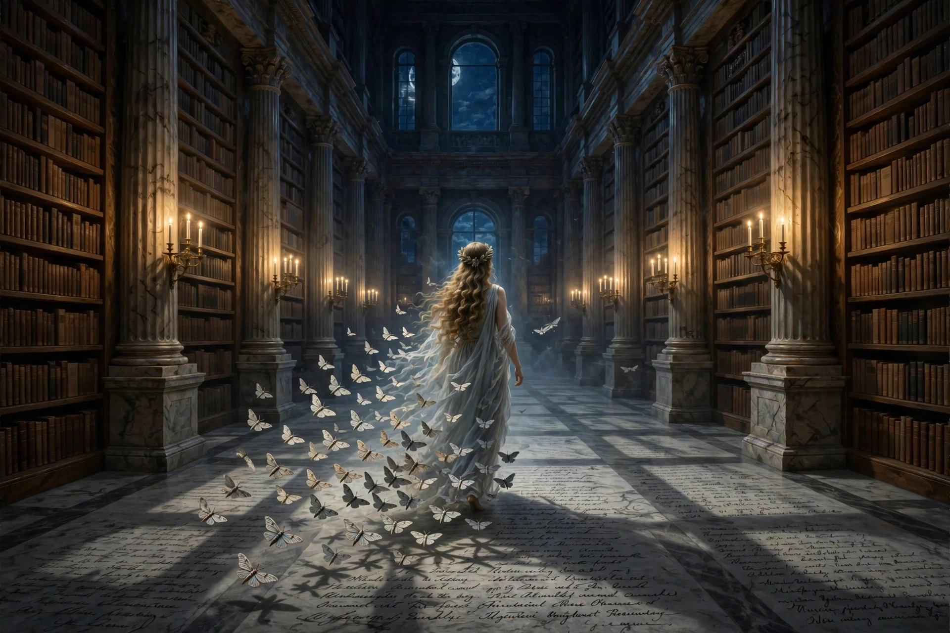 Mneme, the Muse of memory, walking a midnight library where the books are blank but their shadows are full of writing