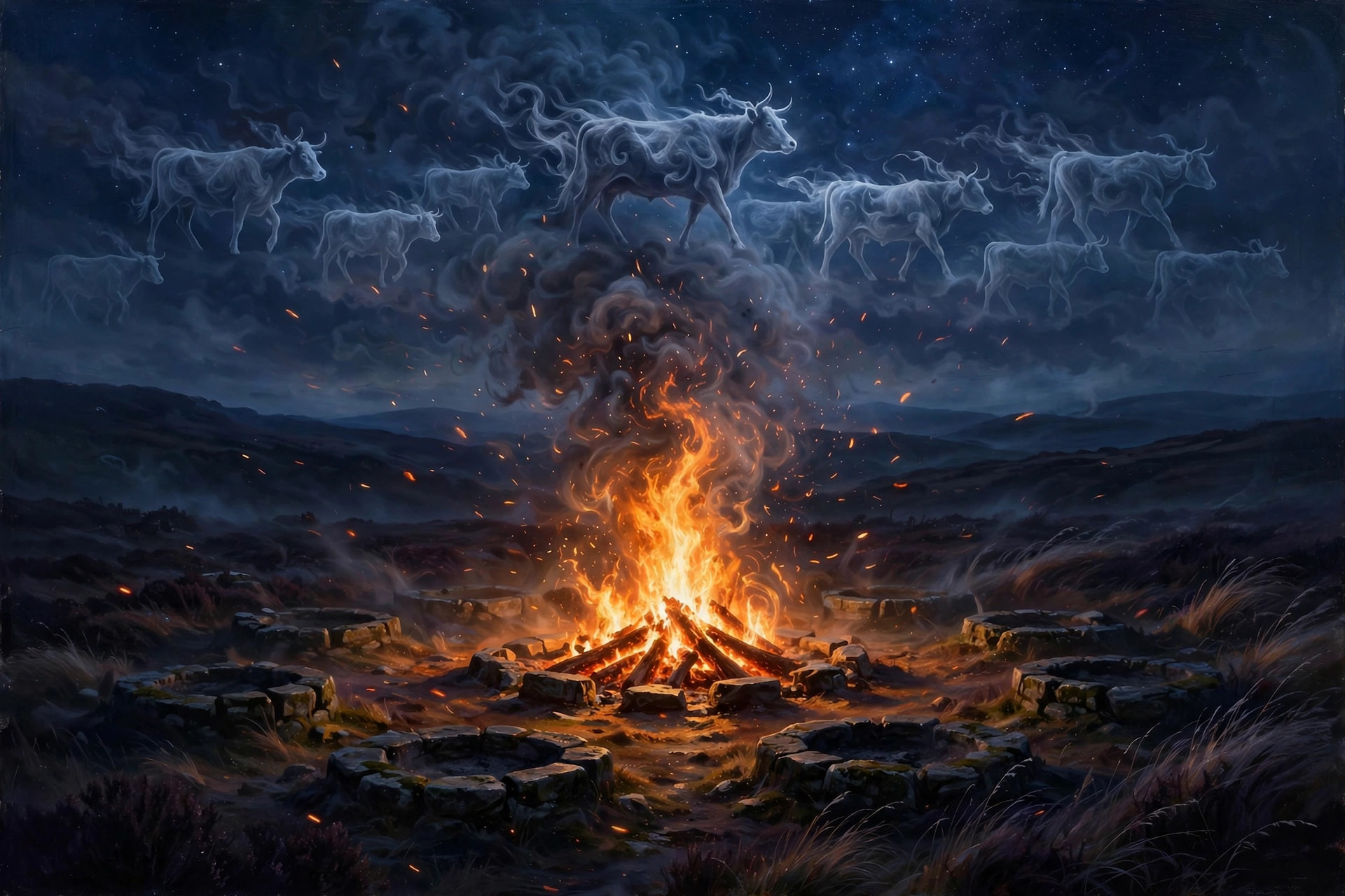 A ritual bonfire blazing on a night moor, ringed by cold extinguished hearths, its smoke resolving into a ghost-herd of cattle walking the sky